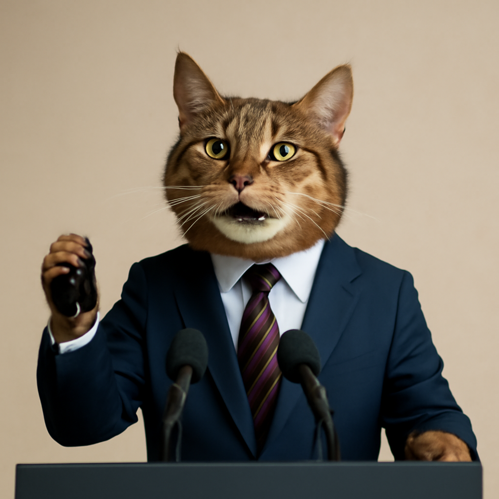Sample AI image preview: a cat CEO giving a motivational speech (example)